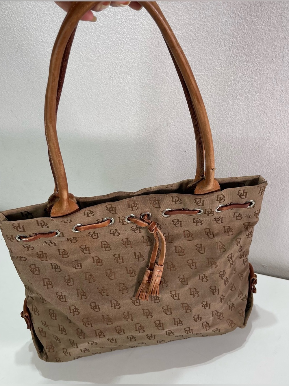 Y2K Dooney & Bourke Tote Bag Brown Monogram Canvas Leather Tassel Academia